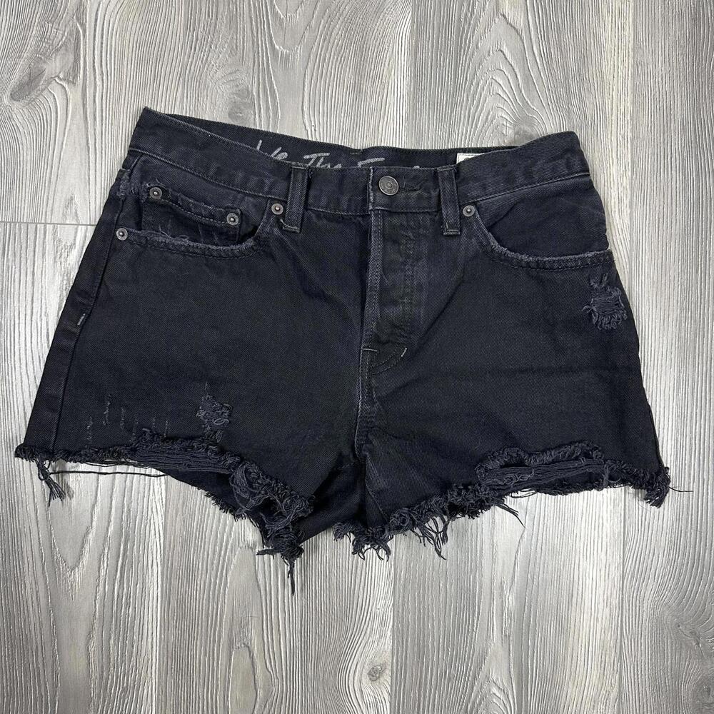 Free People Black Denim Distressed Mid Rise Shorts with Raw Hem and Button Fly‎